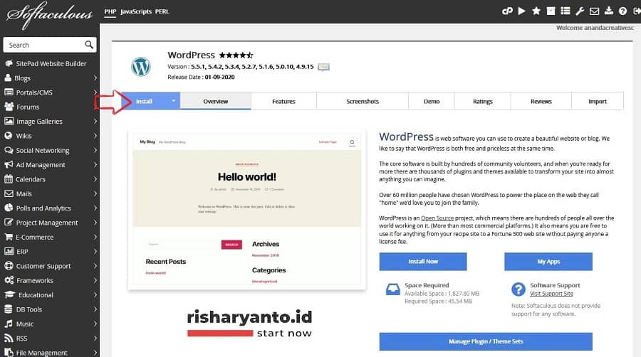 Button Install WordPress