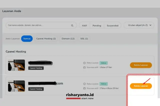 Step 2. Klik Kelola Layanan di Tab cPanel Hosting