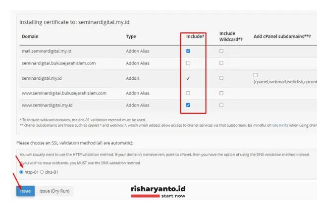 Step 5. Pilih Domain-Pilih http-01-Klik Tombol Issue
